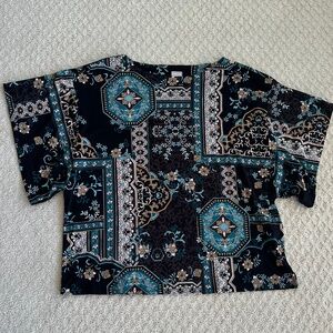 Chico's Medallion Floral Flutter Sleeve Blouse Black/Teal XXL Lightweight Casual
